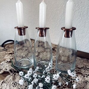 Set of 3 Glass Bottle Taper Candle Holders Copper Finish Farmhouse Decor
